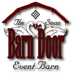 Logo with a barn roof, two swans, and text: "The Swan Barn Door Event Barn."
