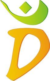 Stilisiertes "D" in Orange mit grünem Akzent und Raute, moderne grafische Gestaltung.