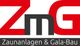 Logo mit roten Buchstaben "ZMG", darunter "Zaunanlagen & Gala-Bau" auf grauem Hintergrund.
