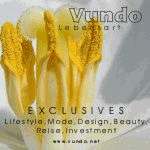 Gelbe Blütenstempel mit Text "Vundo" und Themen: Lifestyle, Mode, Design, Beauty, Reisen, Investment.