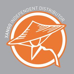 Logo mit orangem Kreis, stilisiertem Hut und Text: "Xango Independent Distributor".