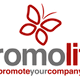 Logo con scritta "promolife" e motto "promote your company", decorato con farfalla stilizzata.