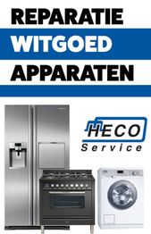 Koelkast, fornuis, wasmachine en HECO Service-logo voor reparatie van witgoedapparaten.