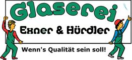 Zeichnung von zwei Arbeitern mit einem Schild: "Glaserei Exner & Hürdler. Wenn's Qualität sein soll!"
