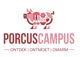 Logo met geometrisch varken en tekst: "PorcusCampus. Ontdek | Ontmoet | Omarm".
