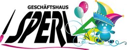 Geschäftshaus Sperl-Logo mit Luftballons, Pinsel und Figur mit bunter Narrenkappe.