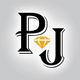 Stylized letters "P" and "J" with a yellow diamond shape between on a gray background.
