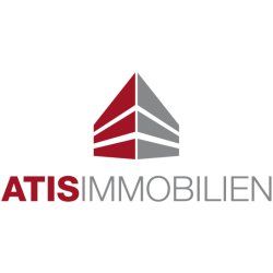 Logo von ATIS Immobilien mit abstraktem Gebäude in Rot und Grau.