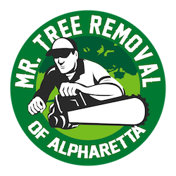 Logo of "Mr. Tree Removal of Alpharetta" with a person using a chainsaw, in green and white.