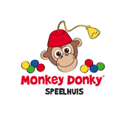 Logo met aapje en tekst "Monkey Donky Speelhuis" met kleurrijke stippen rondom.