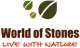 Logo with green leaves above "World of Stones" and "Live with Nature" text.
