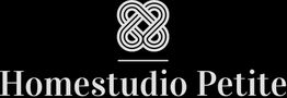 Logo von Homestudio Petite mit verschlungenem Knotensymbol auf schwarzem Hintergrund.