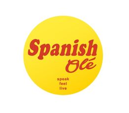 Círculo amarillo con el texto "Spanish Olé" y "speak feel live" en letras rojas.