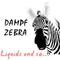 Zebra mit Text "Dampf Zebra" und "Liquids und so..." in Schwarz und Rot.