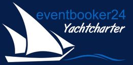 Logo mit weißem Segelboot, Text "eventbooker24 Yachtcharter" auf blauem Hintergrund.