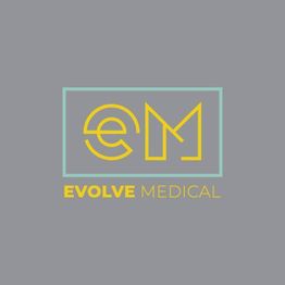 Evolve Medical logo with yellow letters "EM" on a gray background.