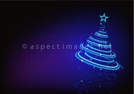 Leuchtender blauer Weihnachtsbaumschmuck auf dunklem Hintergrund mit Sternen und Baumspitze.