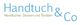 Geschäftslogo: "Handtuch & Co" mit Slogan "Handtücher, Decken und Textilien" in Blau und Grün.