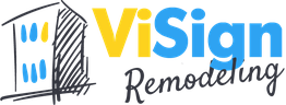 ViSign Remodeling logo with a sketched building outline and blue and yellow text.
