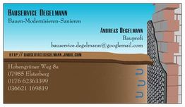 Geschäftskarte für Bauservice Degelmann mit Kontaktinformationen und Logo.