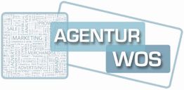 Logo mit "Agentur WOS" in Blau, umgeben von Marketingbegriffen in einem Rechteck.
