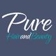 Tekst "Pure Hair and Beauty" op een donkerblauwe achtergrond.