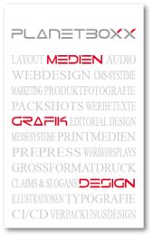 Text aus verschiedenen Designelementen und Begriffen, wie "MEDIEN" und "GRAFIK" in Rot hervorgehoben.