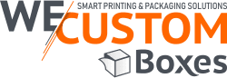 "We Custom Boxes logo with orange and gray text and an open box icon."
