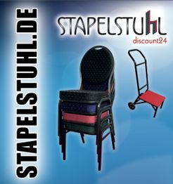 Stapelstühle und Transportwagen vor blauem Hintergrund mit Logo "STAPELSTUHL.DE".