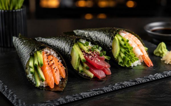 Verschiedene Arten Temaki, serviert auf einer Schieferplatte.