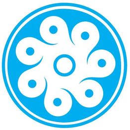 A blue and white circular logo with a swirling, symmetrical design in the center.