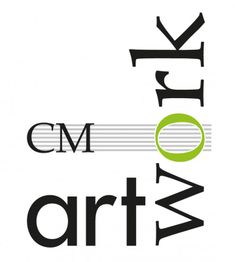 Schriftzug "CM artwork" in kreativem Design mit grünem O und Linien, teils horizontal und vertikal.