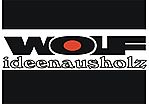 Logo mit „WOLF ideenausholz“ in Schwarz und Rot auf weißem Hintergrund.
