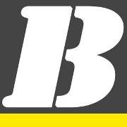 Weißes "B" auf grauem Hintergrund mit gelbem Streifen unten.