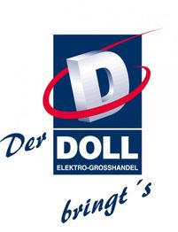 Logo mit großem "D" und rotem Bogen, Text: "DOLL Elektro-Großhandel, Der bringt's".