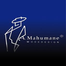 Logo A. Mahumane Modedesign, stilisierte Figur auf blauem Hintergrund.