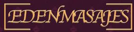 Texto "EDEN MASAJES" en dorado sobre fondo marrón oscuro, rodeado de líneas decorativas.