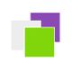 Drei sich überlappende Quadrate: weiß, lila und grün, auf weißem Hintergrund.