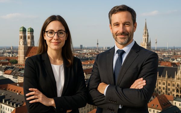 Ein mittelständisches Investorenpaar steht vor der Skyline Münchens.