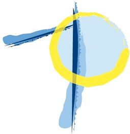 Abstrakte Kunst mit gelbem Kreis und blauen Linien auf weißem Hintergrund.