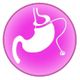Stylized white stomach with a catheter on a pink gradient background circle.