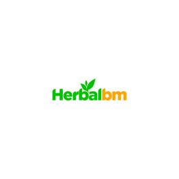 Logo con la palabra "Herbalbm" en verde y naranja, con una hoja sobre la "b".