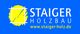 Logo von Staiger Holzbau, blauer Hintergrund, gelbes Symbol und URL: www.staiger-holz.de.