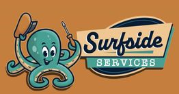 Cartoon octopus with tools next to "Surfside Services" logo on a brown background.