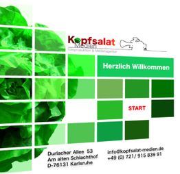 Grün dominierte Grafik mit Logo „Kopfsalat Medien“ und Kontaktinformationen, „Herzlich Willkommen“.