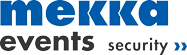 Logo: blaue Schrift "mekka", schwarze "events", graue "security". Markante Pfeile rechts.