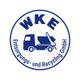Logo der WKE Entsorgungs- und Recycling GmbH, zeigt LKW-Symbol in einem blauen Kreis.