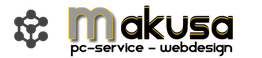 Logo mit stilisiertem Molekül und Schriftzug "makusa" in Grau und Gelb.