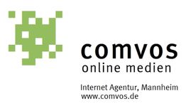 Grünes pixelartiges Logo, Text "comvos online medien", Internet Agentur Mannheim.