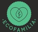 Logotipo de Ecofamilia: un corazón con una hoja en un círculo verde sobre fondo negro.
